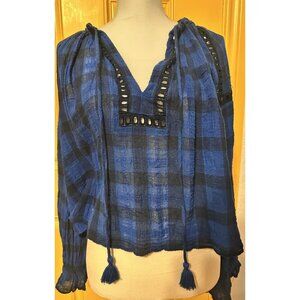 Free People Honey Grove‎ Plaid Blouse Peasant Cotton